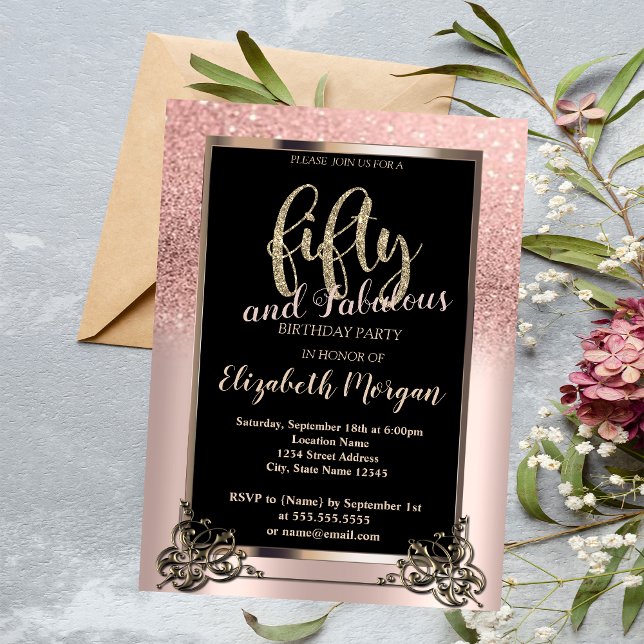 Chic Ro Guld Glitter Ombre 50:e Födelsedagsfesten Inbjudningar (Skapare uppladdad)