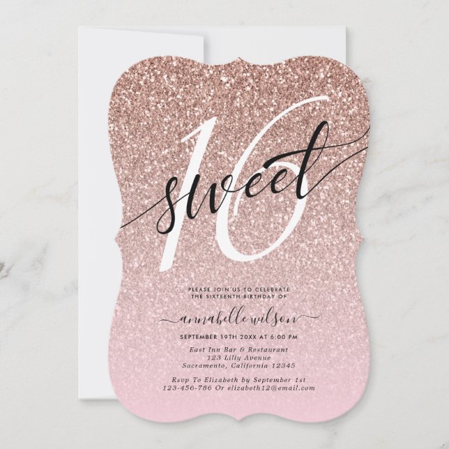 Chic Ro Guld Glitter Sweet 16 Födelsedagsfest Inbjudningar (Framsida)
