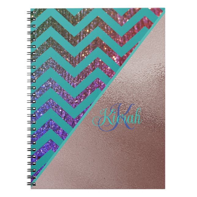 Chic Ro Guld Glittery Chevron Teal Grönt Namn Anteckningsbok (Framsidan)