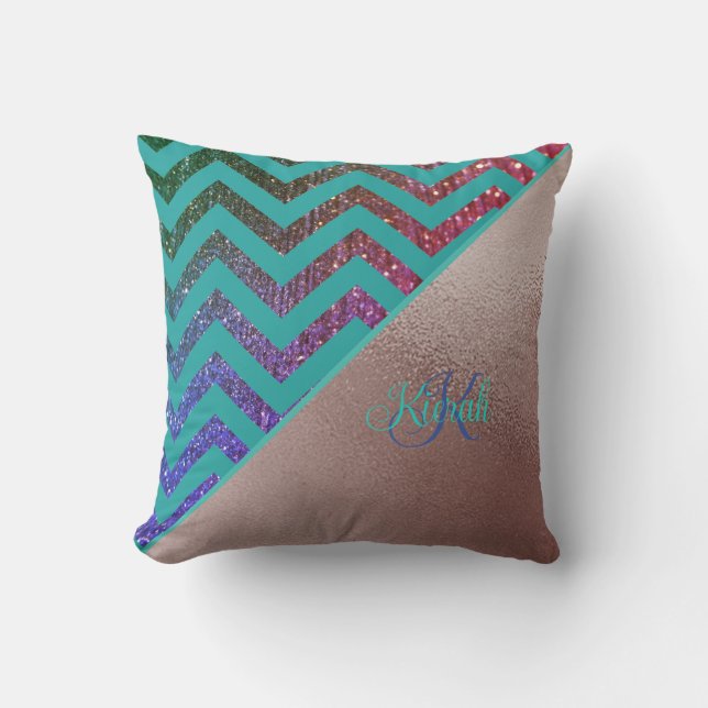 Chic Ro Guld Glittery Chevron Teal Grönt Namn Kudde (Framsida)