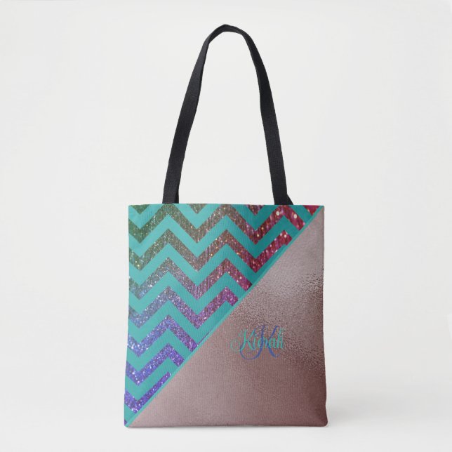 Chic Ro Guld Glittery Chevron Teal Grönt Namn Tygkasse (Framsida)