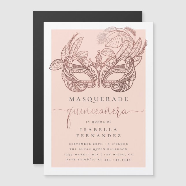 Chic Ro Guld och  maskerad Quinceañera Magnetisk Inbjudningskort (Fram/baksida)