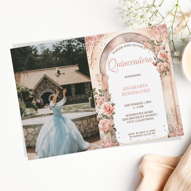 Chic Ro Guld Quinceañera Rosor Blommigt Arch Photo Inbjudningar (Skapare uppladdad)