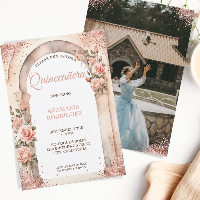 Chic Ro Guld Quinceañera Rosor Blommigt Arch Photo Inbjudningar (blush pink roses arch rose gold glitter)
