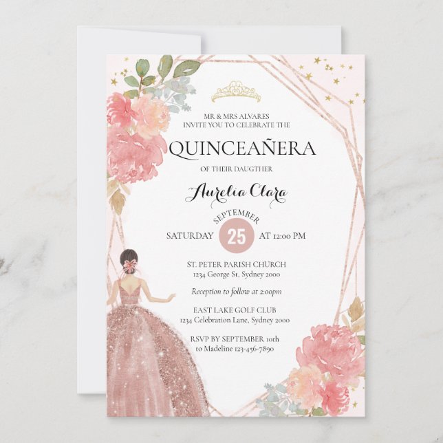 Chic Ro Guld Rosa Blommigt Geometric Quinceañera I Inbjudningar (Framsida)