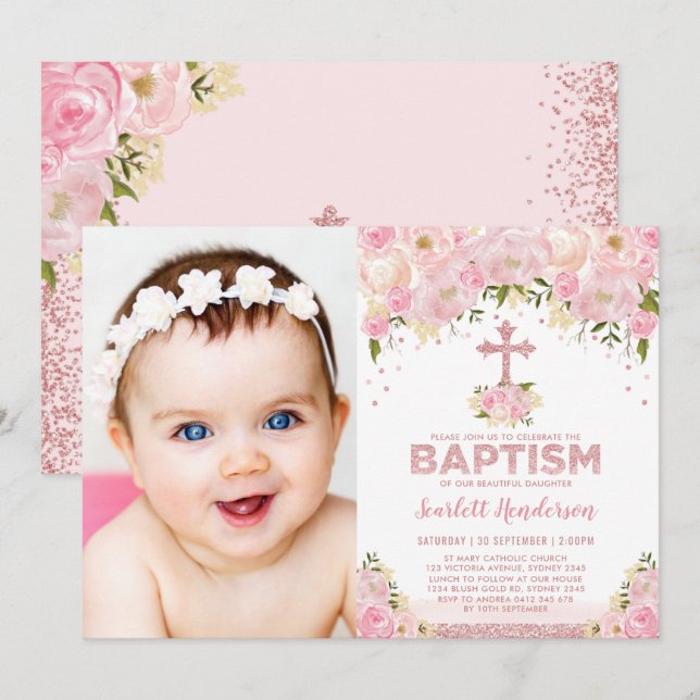 Chic Ro Guld Rosa Glitter Blommigt Baptism Foto på Inbjudningar (Fram/baksida)