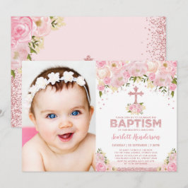 Chic Ro Guld Rosa Glitter Blommigt Baptism Foto på Inbjudningar