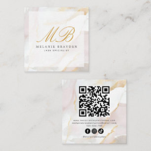 Chic Ro Guld Rosa Marble Monogram QR-kod Fyrkantigt Visitkort