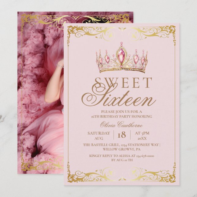Chic Ro Guld Sweet 16 Krona Birthday Photo Inbjudningar (Fram/baksida)