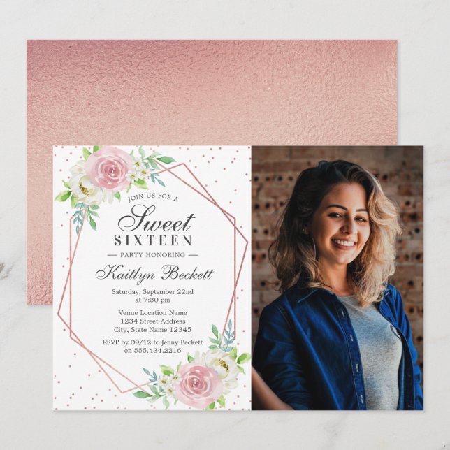 Chic Ro guldfetter Blommigt Foto Sweet 16 Birthday Inbjudningar (Fram/baksida)