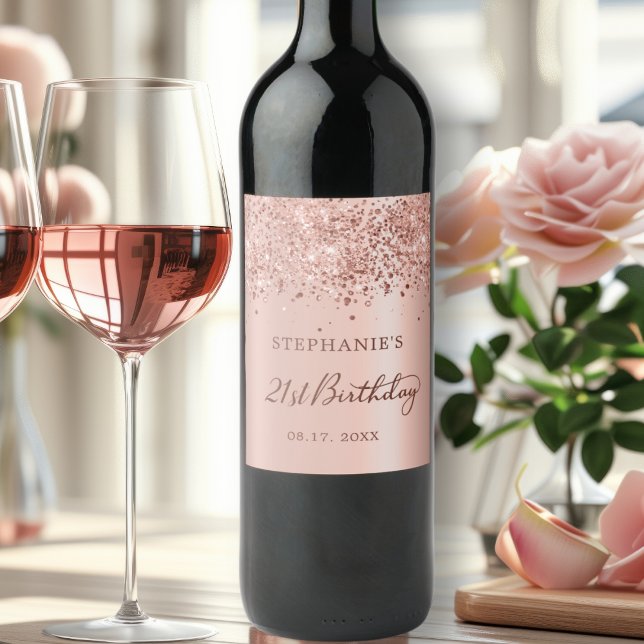 Chic Ro guldfoil Glitter 21:a födelsedagsmonogram Vinflaska Etikett (Skapare uppladdad)