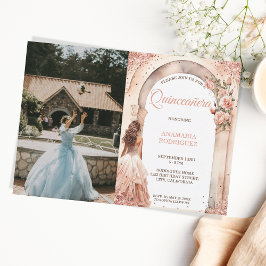 Chic Ro Quinceañera Dress Blommigt Arch Photo Inbjudningar