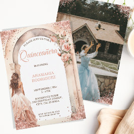 Chic Ro Quinceañera Dress Blommigt Arch Photo Inbjudningar