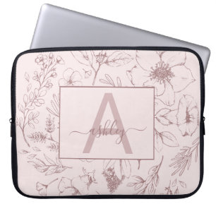 Chic Ro Rosa Blommigt  Skript Namn Monogram Laptop Fodral