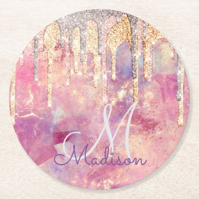 Chic ro  rosa glitter droppar i kvadratmeter i mon underlägg papper rund (Framsidan)