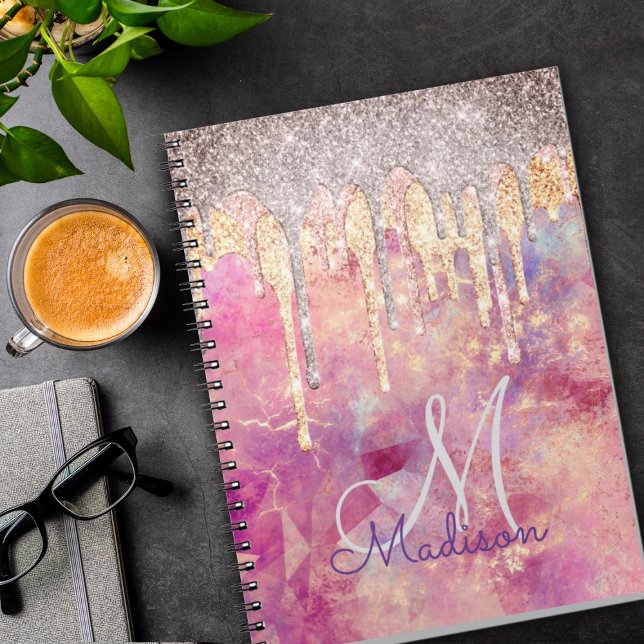 Chic ro  rosa glitter droppar monogram vid  anteckningsbok (Skapare uppladdad)