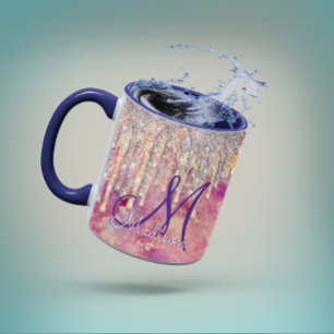 Chic ro rosa glitter droppar monogram vid mugg