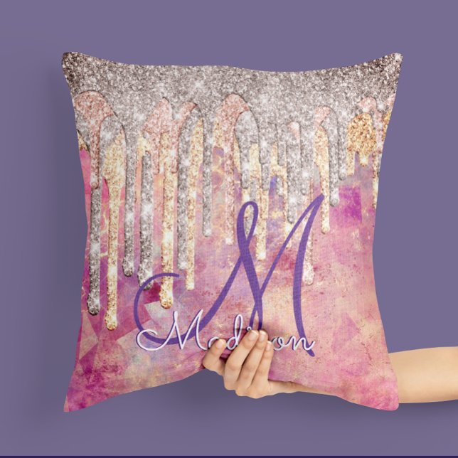 Chic ro  rosa holografisk droppmonogram kudde (Skapare uppladdad)