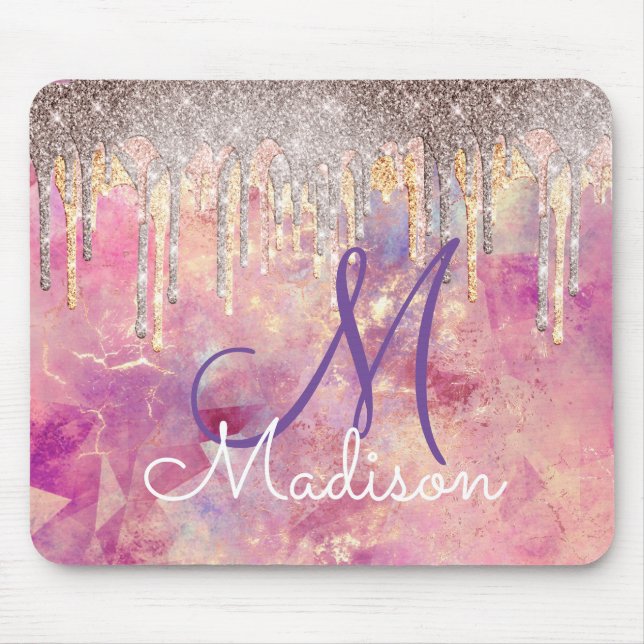 Chic ro  rosa holografisk droppmonogram musmatta (Framsidan)