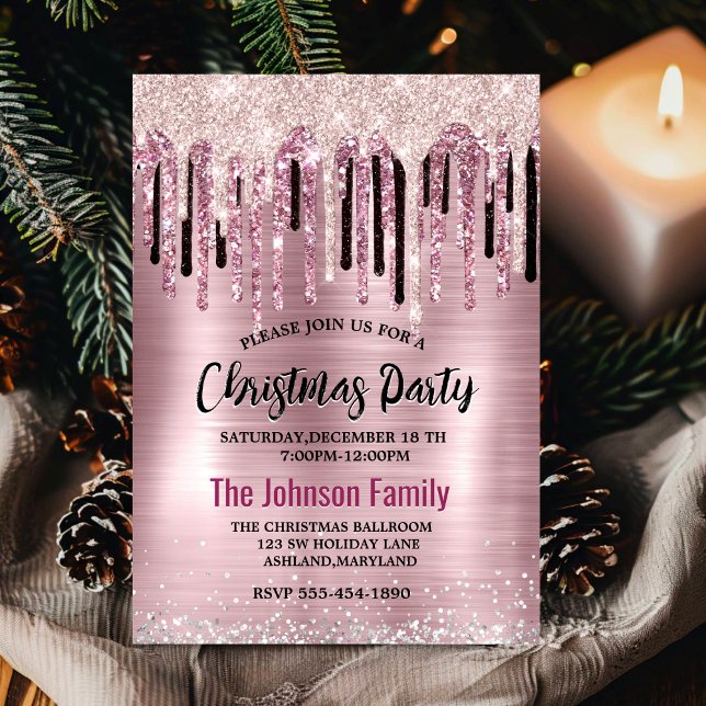 Chic ro  rosa som droppar i monogram jul jul inbjudningar (Skapare uppladdad)