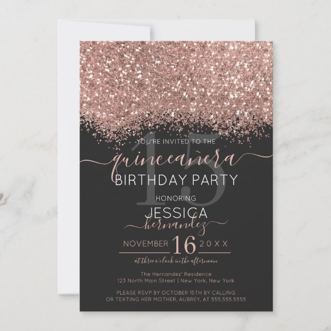 Chic Ro Svarta Glitter-konfetti Quinceañera Inbjudningar (Framsida)
