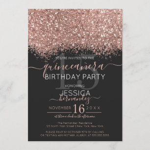 Chic Ro Svarta Glitter-konfetti Quinceañera Inbjudningar