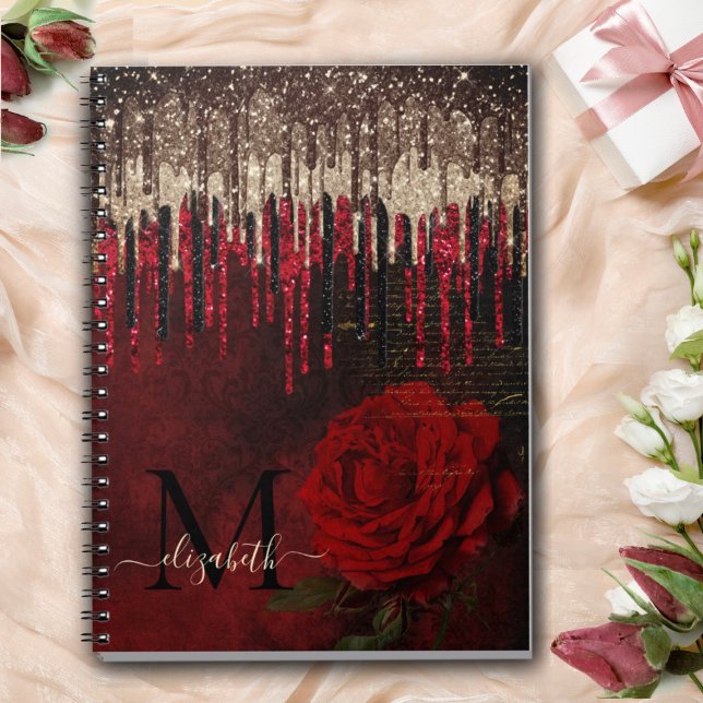 Chic röd blomma guld droppar glitter monogram anteckningsbok (Skapare uppladdad)