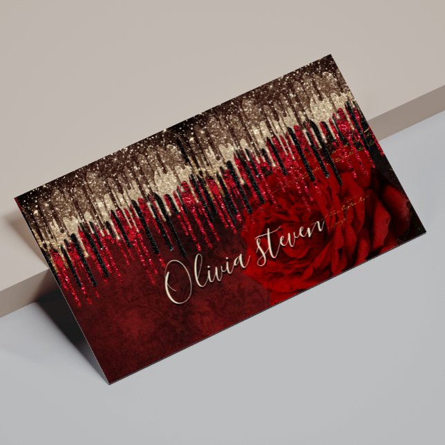 Chic röd blomma guld droppar glitter monogram magnetiska visitkort (Skapare uppladdad)
