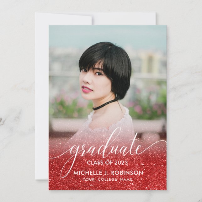Chic röd glitter Ombre flickig fototexamen Meddelande (Framsida)