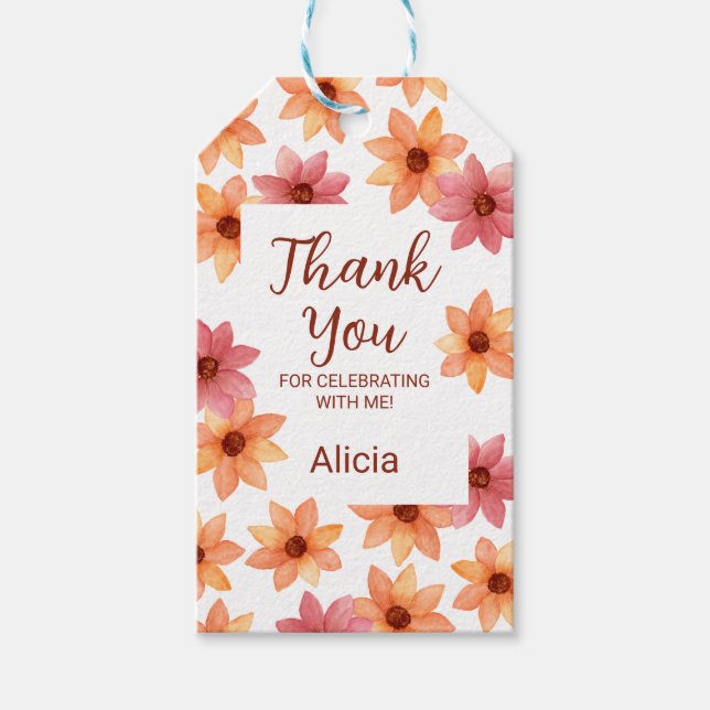 Chic Röd Orange Hösthöns Flower Birthday Tack Presentetikett (Framsidan)