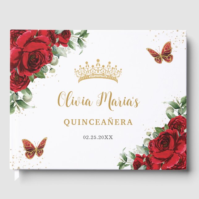 Chic Röd ros Blommigt Butterflies Guld Quinceanera Gästböcker (Framsida)