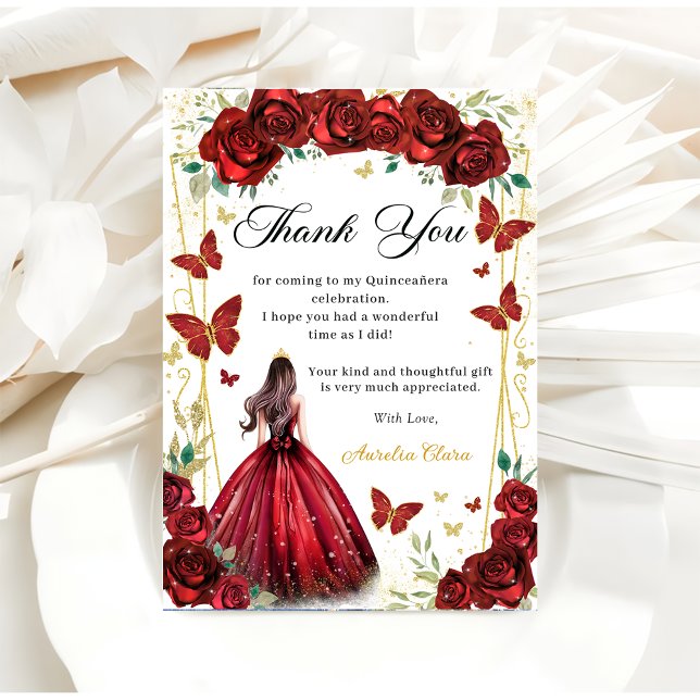 Chic Röd ros Blommigt Butterflies Quinceañera Tack Kort (Skapare uppladdad)