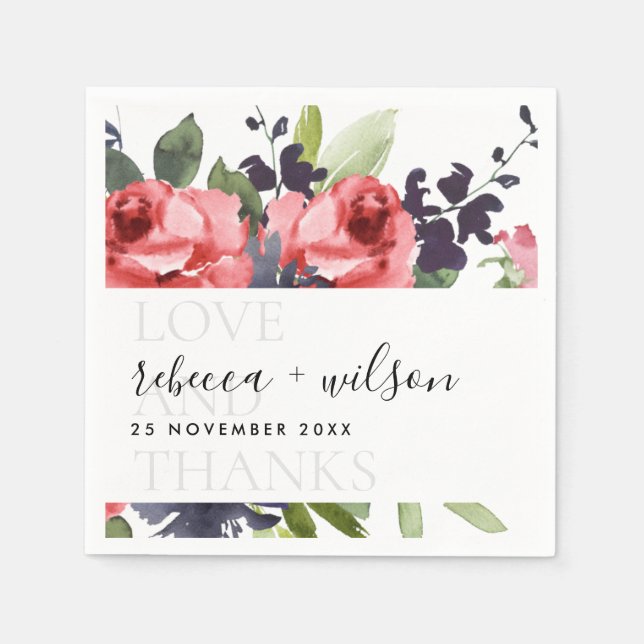 CHIC RÖD ROS BLOMMIGT KÄRLEK OCH TACK BRÖLLOP PAPPERSSERVETT (Framsidan)