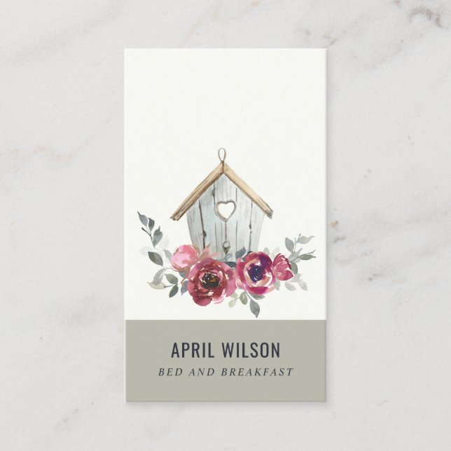 CHIC RÖD ROS BLOMMIGT TRÄ HOME STAD BED BREAKFAST VISITKORT (Framsida)