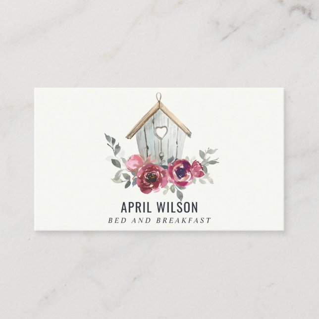 CHIC RÖD ROS BLOMMIGT TRÄ HOME STAD BED BREAKFAST VISITKORT (Framsida)
