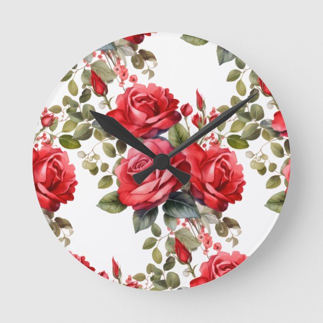 Chic Röd ros Flowers Blommigt Clock Rund Klocka (Framsida)