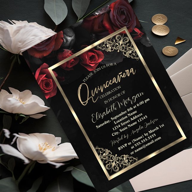 Chic Röd ros Guld Ram Svarta Quinceañera Inbjudningar (Skapare uppladdad)