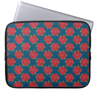 Chic Röd ros på Blue Neoprene Laptop sleeve