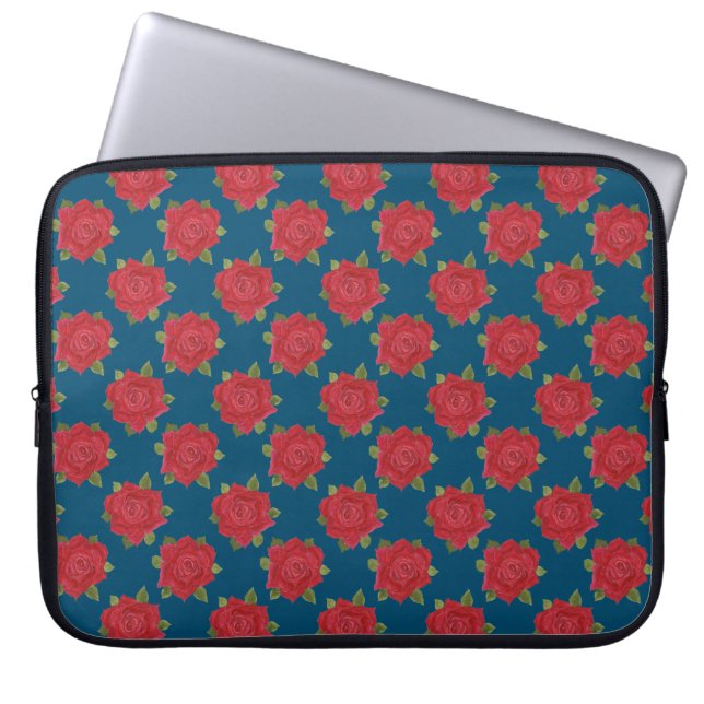Chic Röd ros på Blue Neoprene Laptop sleeve (Framsidan)