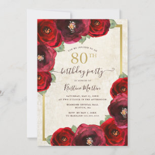 Chic Röd ros Watercolor Blommigt Guld 80:e födelse Inbjudningar