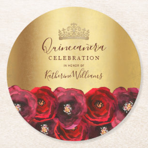 Chic röd rosblomma gul krona Quinceañera Underlägg Papper Rund