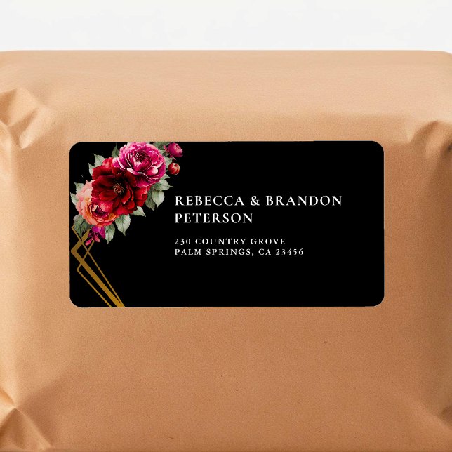 Chic röd svart blommigt bröllop adressetikett (Skapare uppladdad)