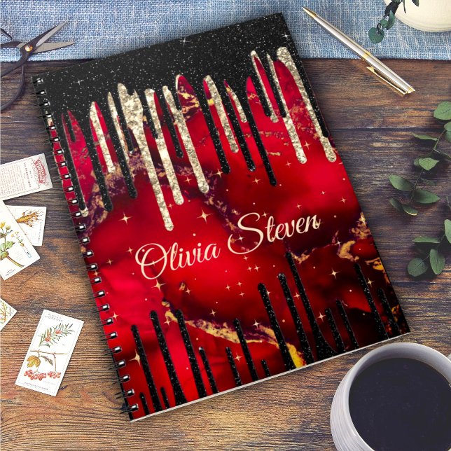 Chic röd svart droppning glitter monogram anteckningsbok (Skapare uppladdad)
