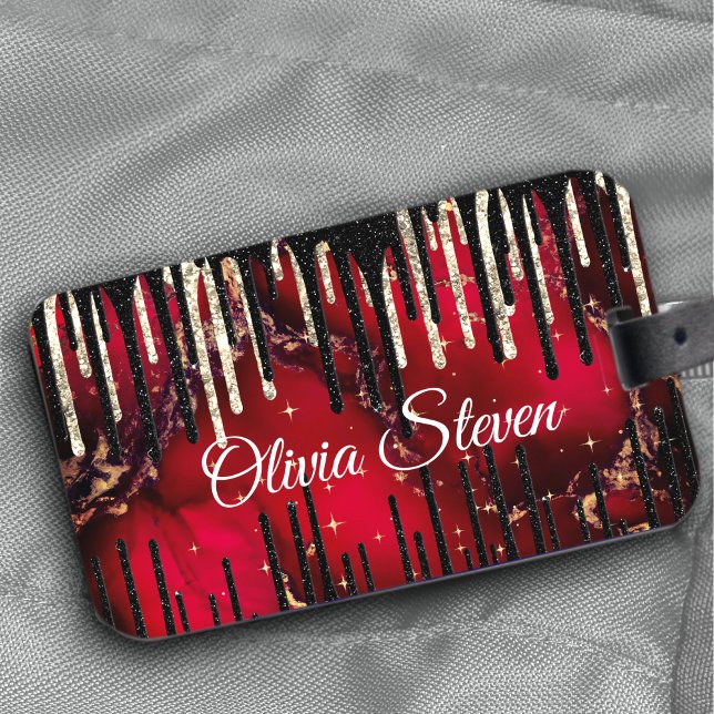 Chic röd svart droppning glitter monogram bagagebricka (Skapare uppladdad)