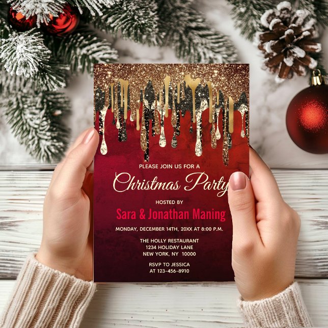 Chic röd svart och guld glitter droppar jul inbjudningar (Skapare uppladdad)