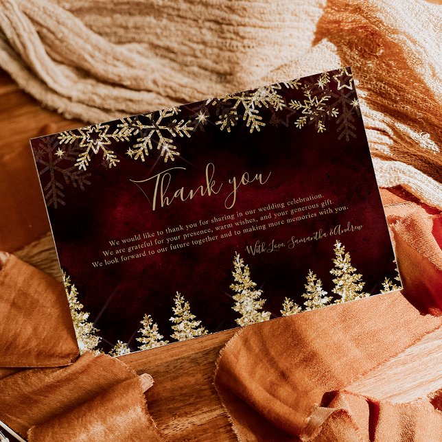 Chic röd vinter guld snö gräs bröllop tack kort (Chic red Winter gold snow pine wedding Thank You Card)