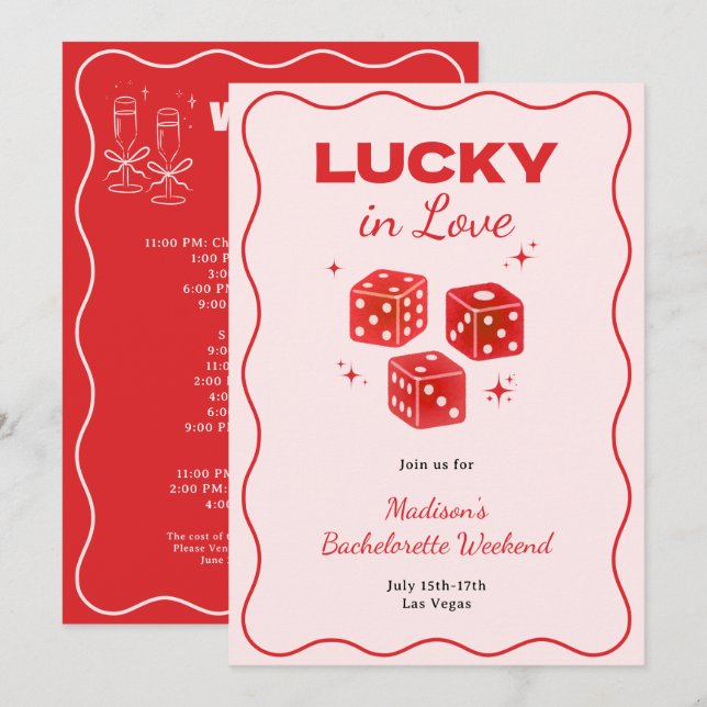 Chic Röda Rosa Lucky In Love Sängkammarparty Itine Inbjudningar (Fram/baksida)