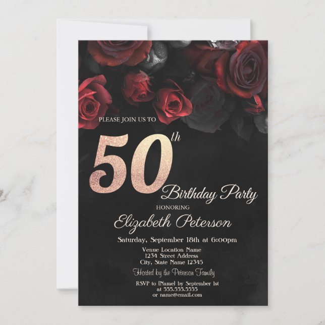 Chic Röda Rosor Svart 50-årsdag  Inbjudningar (Framsida)
