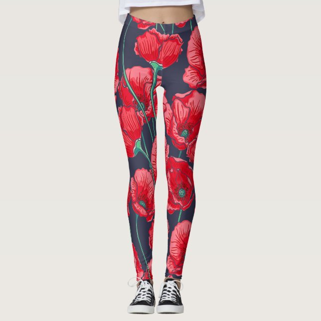Chic röda vallmoblommor räcker det målade mönster leggings (Framsida)