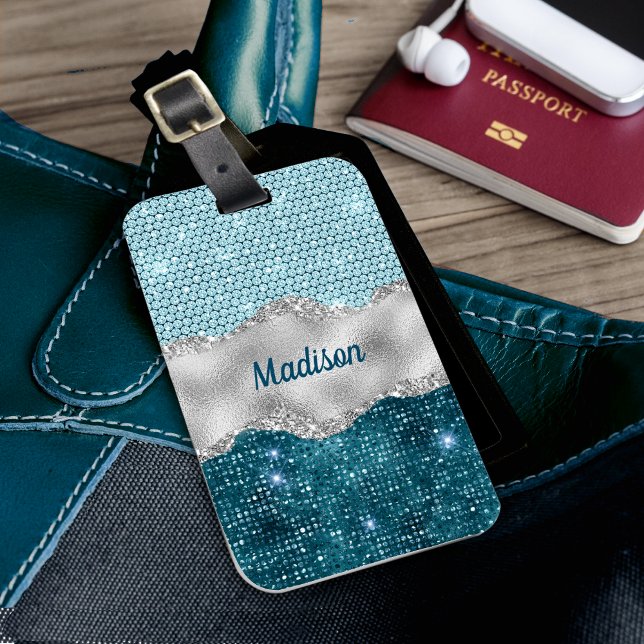 Chic Romal teal mynta grönt glitter silver monogra Bagagebricka (Skapare uppladdad)